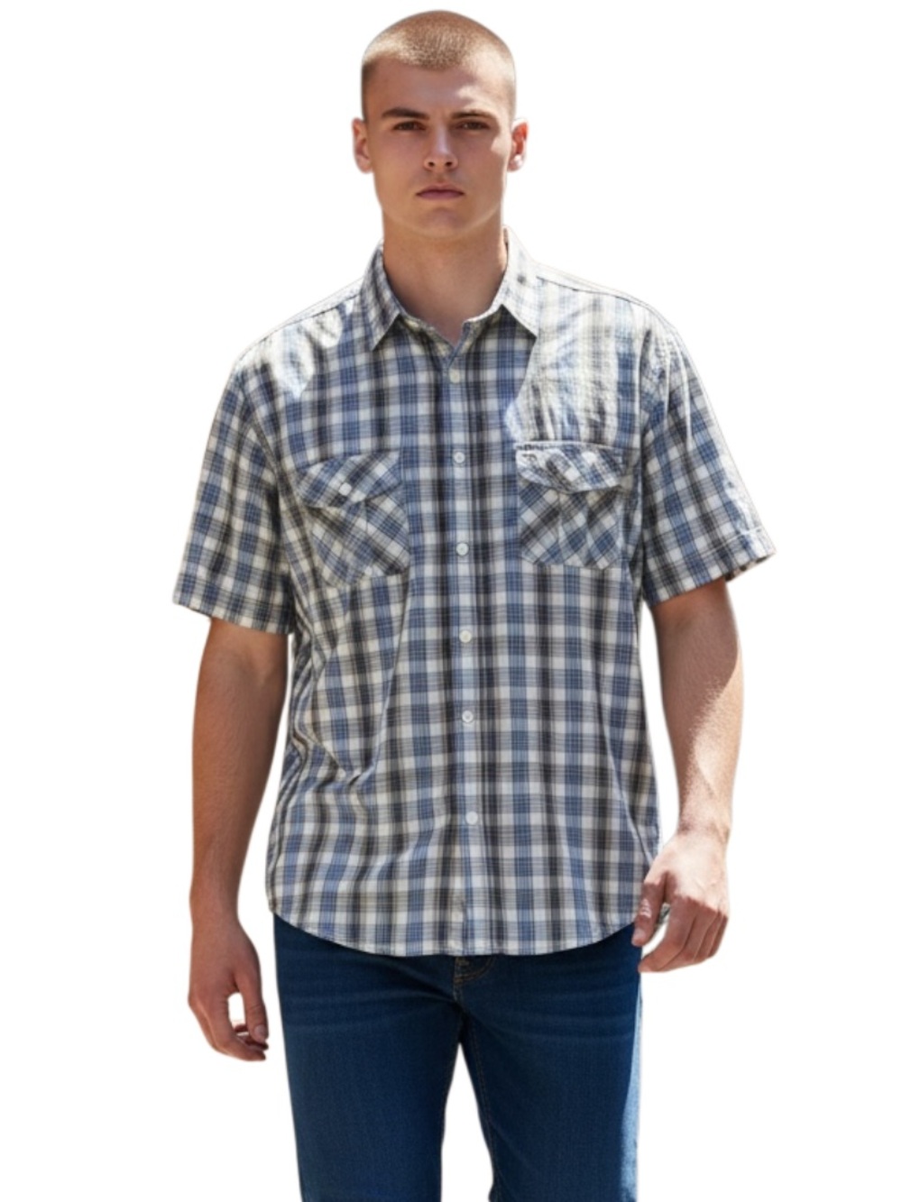 Axist Men's Short-Sleeve Plaid Button-Down Shirt in Blue and White